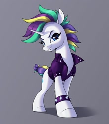 Size: 2290x2600 | Tagged: safe, artist:aquaticvibes, character:rarity, species:pony, species:unicorn, episode:it isn't the mane thing about you, g4, bracelet, clothing, cutie mark, eyebrows, eyelashes, female, gray background, horn, jacket, jewelry, looking at you, mare, multicolored hair, punk, punkity, simple background, smirk, solo, spiked wristband, wristband