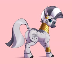 Size: 3580x3175 | Tagged: safe, artist:aquaticvibes, character:zecora, species:zebra, g4, anklet, butt, ear piercing, earring, eyebrows, eyelashes, female, jewelry, looking at you, looking back, looking back at you, mohawk, neck rings, piercing, simple background, solo, tail, zecorass