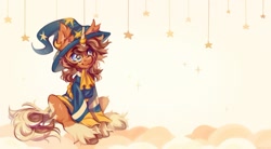 Size: 1280x709 | Tagged: safe, artist:vanilla-chan, oc, oc only, species:pony, species:unicorn, clothing, cute, glasses, hat, horn, horn jewelry, horn ring, jewelry, ocbetes, ring, sitting, smiling, solo, sparkles, stars, unicorn oc, wizard hat