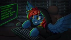 Size: 2048x1152 | Tagged: safe, artist:falafeljake, oc, oc only, oc:firewire, species:pegasus, species:pony, chair, clothing, computer mouse, eye clipping through hair, eyebrows, eyebrows visible through hair, hacker, hacking, hoodie, keyboard, male, monitor, signature, solo, spread wings, stallion, wings