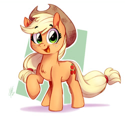 Size: 1358x1359 | Tagged: safe, artist:theart_ofvago, character:applejack, species:earth pony, species:pony, g4, apple family member, applejack's hat, chest fluff, clothing, cowboy hat, cute, eyebrows, eyebrows visible through hair, female, freckles, hat, jackabetes, looking at you, mare, open mouth, open smile, outline, raised hoof, signature, simple background, smiling, smiling at you, solo, stetson, white background