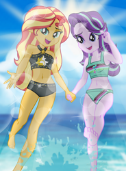 Size: 6912x9384 | Tagged: safe, artist:emeraldblast63, character:starlight glimmer, character:sunset shimmer, g4, my little pony:equestria girls, absurd resolution, barefoot, breasts, clothing, crepuscular rays, duo, feet, female, high res, holding hands, open mouth, small breasts, swimsuit