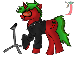 Size: 3024x2247 | Tagged: safe, artist:paprika jenkins, oc, oc only, oc:piquant pepper, species:pony, species:unicorn, clothing, dancing, eyes closed, jacket, male, microphone, singing, solo, sunglasses, transparent background, watermark