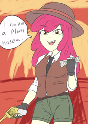Size: 2061x2900 | Tagged: safe, artist:sumin6301, character:apple bloom, g4, my little pony:equestria girls, apple family member, clothing, gun, handgun, hat, high res, looking at you, money, no context, revolver, shorts, talking to viewer, vest, weapon