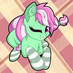 Size: 3312x3312 | Tagged: safe, artist:gleamydreams, character:minty, species:earth pony, species:pony, abstract background, clothing, cute, female, high res, looking at you, lying down, mare, one eye closed, prone, signature, smiling, smiling at you, socks, solo, striped socks, wink, winking at you