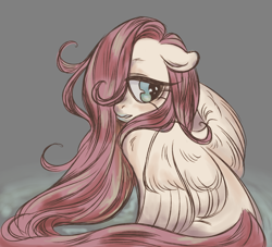 Size: 1100x1000 | Tagged: safe, artist:frowoppy, character:fluttershy, species:pegasus, species:pony, g4, female, hair over one eye, looking away, looking sideways, mare, partially open wings, sitting, solo, stray strand, turned head, wings