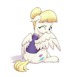 Size: 3200x3200 | Tagged: safe, artist:aquaticvibes, character:summer breeze, species:pegasus, species:pony, g4, clothing, commission, cute, cutie mark, eyebrows, eyelashes, female, friendship student, hair bun, mare, one eye closed, preening, shirt, simple background, solo, spread wings, tail, white background, wings