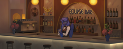 Size: 5376x2150 | Tagged: safe, artist:kirasunnight, character:princess luna, species:alicorn, species:anthro, g4, alcohol, bar, bartender, bottle, bow tie, clothing, drink, female, glass, high res, looking at you, mare, shirt, smiling, smiling at you, solo, three quarter view, vest, wine glass
