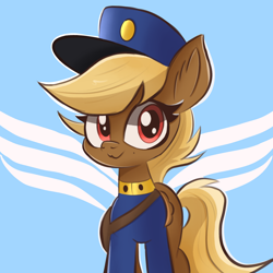 Size: 2048x2048 | Tagged: safe, artist:thebigstuff89, species:pegasus, species:pony, g4, :3, bag, big eyelashes, blonde, blue background, clothing, cute, female, folded wings, hat, looking at you, mare, red eyes, simple background, smiling, solo, swift reply, uniform, wings
