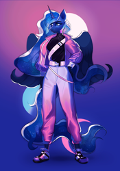 Size: 2000x2863 | Tagged: safe, artist:orfartina, character:princess luna, species:alicorn, species:anthro, species:plantigrade anthro, species:pony, g4, clothing, female, full moon, high res, jacket, moon, pants, shoes, solo
