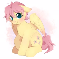 Size: 2048x2048 | Tagged: safe, artist:adostume, character:fluttershy, species:pegasus, species:pony, g4, ahoge, alternate hairstyle, blushing, cute, ear blush, eyebrows, eyebrows visible through hair, female, floppy ears, high res, looking at you, mare, partially open wings, short hair, shy, shyabetes, signature, sitting, smiling, smiling at you, solo, wavy mouth, wings