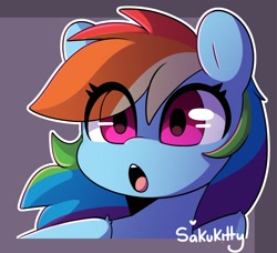 Size: 2400x2188 | Tagged: safe, artist:sakukitty, character:rainbow dash, species:pegasus, species:pony, g4, bust, cel shading, cute, dashabetes, eye clipping through hair, female, high res, looking at you, mare, open mouth, outline, shading, signature, simple background, simple shading, solo, white outline