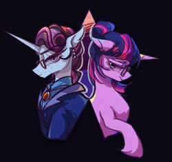 Size: 2016x1904 | Tagged: safe, artist:tkotu1, character:principal abacus cinch, character:twilight sparkle, character:twilight sparkle (scitwi), species:pony, species:unicorn, g4, my little pony:equestria girls, black background, bust, duo, equestria girls ponified, female, floppy ears, lidded eyes, looking at you, mare, ponified, profile, simple background, species swap, unicorn sci-twi