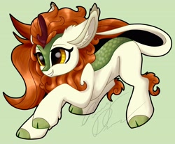 Size: 3435x2841 | Tagged: safe, artist:gleamydreams, character:autumn blaze, species:kirin, g4, cloven hooves, ear fluff, female, green background, high res, hooves, leonine tail, mare, signature, simple background, smiling, solo, tail