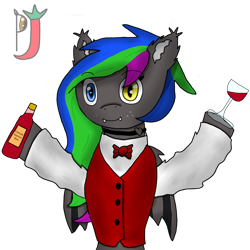 Size: 2692x2690 | Tagged: safe, artist:paprika jenkins, oc, oc:thornleigh, species:bat pony, species:pony, alcohol, bottle, clothing, collar, drink, drinking glass, female, freckles, heterochromia, looking at you, smiling, smiling at you, solo, suit, text, transparent background, watermark, wine