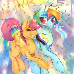 Size: 1240x1240 | Tagged: safe, artist:anyponyrequests, character:rainbow dash, character:scootaloo, species:pegasus, species:pony, g4, confetti, duo, eyes closed, face paint, holding, mouth hold, nonbinary pride flag, pride, pride flag, smiling, transgender pride flag, transmasculine pride flag
