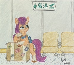 Size: 3030x2653 | Tagged: safe, artist:opti, manebooru original, character:sunny starscout, species:earth pony, species:pony, g5, airport, chinese, luggage, thinking