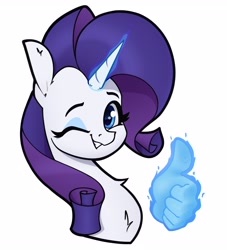 Size: 2900x3200 | Tagged: safe, artist:aquaticvibes, character:rarity, species:pony, species:unicorn, g4, bust, eyebrows, eyelashes, eyeshadow, female, glowing horn, horn, looking at you, magic, makeup, mare, one eye closed, portrait, simple background, smiling, solo, thumbs up, white background, wink, winking at you