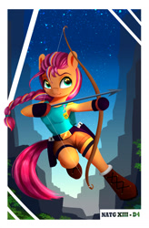 Size: 1253x1913 | Tagged: safe, artist:darksly, character:sunny starscout, species:anthro, species:earth pony, species:plantigrade anthro, species:pony, newbie artist training grounds, g5, anthrofied, arrow, atg 2023, bow (weapon), clothing, crossover, female, lara croft, mare, shorts, solo, video game crossover, weapon