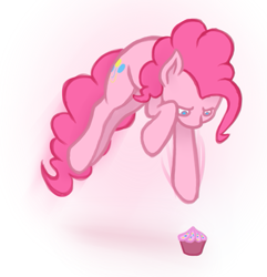 Size: 713x741 | Tagged: safe, artist:roxenmage, character:pinkie pie, species:earth pony, species:pony, g4, cupcake, cute, diapinkes, female, food, mare, pounce, simple background, solo, white background