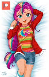 Size: 646x1000 | Tagged: safe, artist:uotapo, character:sunny starscout, species:earth pony, species:eqg human, g4, g5, my little pony:equestria girls, blushing, clothing, cute, cutie mark, cutie mark on clothes, equestria girls (g5), equestria girls-ified, female, g5 to equestria girls, generation leap, jacket, looking at you, lying down, midriff, on back, open mouth, patreon, patreon logo, shirt, shorts, socks, solo, species swap, sunnybetes