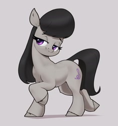 Size: 2160x2300 | Tagged: safe, artist:aquaticvibes, character:octavia melody, species:earth pony, species:pony, g4, cutie mark, eyebrows, eyelashes, female, gray background, lidded eyes, mare, simple background, smiling, solo, tail, trotting