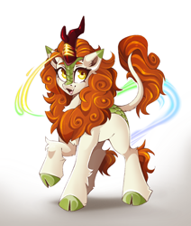 Size: 1842x2176 | Tagged: safe, artist:buvanybu, character:autumn blaze, species:kirin, g4, cloven hooves, female, high res, hooves, looking at you, magic, open mouth, raised hoof, simple background, smiling, solo, white background