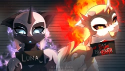 Size: 4096x2348 | Tagged: safe, artist:magnaluna, character:daybreaker, character:nightmare moon, character:princess celestia, character:princess luna, species:alicorn, species:pony, g4, barbie, barbie (film), barbie mugshot meme, cute, duo, duo female, ethereal mane, female, fire, floppy ears, galaxy mane, high res, looking at you, mane of fire, mare, meme, moonabetes, mugshot, name, open mouth, open smile, sharp teeth, siblings, signature, sisters, smiling, smiling at you, teeth