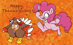 Size: 1003x626 | Tagged: safe, artist:therainbowtroll, character:pinkie pie, character:scootaloo, species:earth pony, species:pegasus, species:pony, g4, chase, fork, hoof hold, implied ponies eating meat, knife, scootachicken, scootaturkey, thanksgiving, turkey costume, weapon