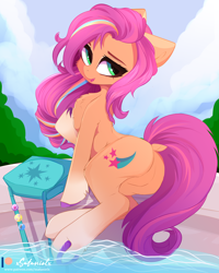 Size: 4000x5000 | Tagged: safe, alternate version, artist:xsatanielx, character:sunny starscout, species:earth pony, species:pony, g5, absurd resolution, bag, butt, chest fluff, coat markings, colored eyebrows, colored hooves, cute, dock, eyebrows, female, fluttershy's cutie mark, hooves, looking sideways, mane stripe sunny, mare, open mouth, open smile, plot, rainbow dash's cutie mark, saddle bag, sky, smiling, socks (coat marking), solo, sunny starbutt, tail, three quarter view, twilight sparkle's cutie mark, underhoof, water