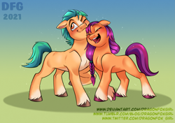 Size: 2483x1751 | Tagged: safe, alternate version, artist:dragonfox_girl, character:hitch trailblazer, character:sunny starscout, species:earth pony, species:pony, ship:sunnyhitch, g5, 2021, blaze (coat marking), braid, coat markings, colored hooves, cute, duo, duo male and female, facial markings, female, floppy ears, gradient background, hitchbetes, hooves, male, mare, old art, shipping, signature, snuggling, socks (coat marking), stallion, straight, sunnybetes, unshorn fetlocks