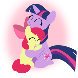Size: 1400x1400 | Tagged: safe, artist:mlplary6, character:apple bloom, character:twilight sparkle, character:twilight sparkle (unicorn), species:earth pony, species:pony, species:unicorn, g4, ^^, abstract background, adorabloom, apple family member, bow, cute, duo, eyes closed, female, filly, foal, gradient background, hair bow, hug, lineless, mare, simple background, sitting, twiabetes, young