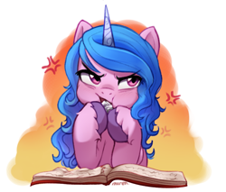 Size: 2997x2557 | Tagged: safe, artist:maren, character:izzy moonbow, species:pony, species:unicorn, g5, angry, bibliovore, book, bust, cross-popping veins, cute, eating, emanata, eyebrows, eyebrows visible through hair, female, frown, glare, gradient hair, high res, hoof hold, izzybetes, kimiko glenn, liza on demand, looking away, madorable, mare, meme, multicolored hair, paper, reference in the description, reference to another series, solo, unshorn fetlocks, vein, voice actor joke, voice actor reference