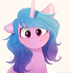 Size: 1454x1481 | Tagged: safe, artist:higgly-chan, character:izzy moonbow, species:pony, species:unicorn, g5, blushing, bust, cute, dawwww, eye clipping through hair, eyebrows, eyebrows visible through hair, female, floppy ears, gradient hair, izzybetes, looking at you, mare, multicolored hair, one ear down, signature, simple background, smiling, smiling at you, solo, weapons-grade cute, white background