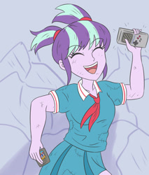 Size: 2362x2775 | Tagged: safe, artist:sumin6301, character:starlight glimmer, species:human, g4, my little pony:equestria girls, clothing, crossover, eyes closed, female, game boy, happy, high res, nintendo, open mouth, school uniform, scratches, solo, uniform, video game, younger