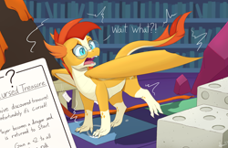 Size: 2000x1295 | Tagged: safe, artist:arcane-thunder, character:sunburst, species:dragon, newbie artist training grounds, atg 2023, board game, book, bookshelf, dice, dragon pit, dragonified, glasses, indoors, library, male, open mouth, solo, species swap, transformation, twilight's castle, twilight's castle library, wait what, wings