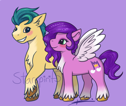 Size: 2699x2265 | Tagged: safe, artist:starspirit5, character:hitch trailblazer, character:pipp petals, species:earth pony, species:pegasus, species:pony, ship:hitchpipp, g5, adorapipp, backwards cutie mark, blaze (coat marking), blushing, chest fluff, coat markings, cute, cutie mark, female, grin, high res, hitchbetes, looking at each other, looking at someone, male, mare, pipp wings, profile, purple background, shipping, signature, simple background, smiling, smiling at each other, socks (coat marking), spread wings, stallion, straight, watermark, wings