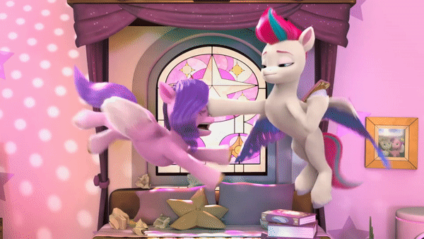 Size: 600x338 | Tagged: safe, screencap, character:pipp petals, character:zipp storm, species:pegasus, species:pony, episode:a little horse, g5, my little pony: make your mark, my little pony: make your mark chapter 4, spoiler:my little pony: make your mark chapter 4, spoiler:mymc04e06, adorable distress, adorapipp, animated, bed, bedroom, book, cellphone, coat markings, concave belly, cute, denied, duo, duo female, female, flailing, floating, flying, gif, hoof hold, hoof on face, hoofy-kicks, hooves, indoors, lidded eyes, magnetic hooves, mare, nope, phone, physique difference, picture, pillow, pipp wings, royal sisters (g5), siblings, sisters, sisters being sisters, slim, smartphone, smug, socks (coat marking), spread wings, stack, stained glass, thin, wings