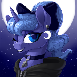 Size: 900x900 | Tagged: safe, artist:pusspuss, character:princess luna, species:alicorn, species:pony, g4, bow, braces, choker, clothing, cute, ear piercing, earring, female, freckles, goth, hoodie, jewelry, lipstick, looking at you, lunabetes, makeup, mare, moon, necklace, night, night sky, one eye closed, piercing, ponytail, s1 luna, skull, sky, smiling, solo, stars, teenager, three quarter view, wink