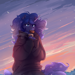 Size: 2364x2366 | Tagged: safe, artist:lambibelle, character:princess luna, species:alicorn, species:anthro, g4, chocolate, clothing, cookie, cup, cute, drink, eyebrows, eyebrows visible through hair, fangs, female, food, high res, holding, hoodie, hot chocolate, lunabetes, mare, mouth hold, pants, sharp teeth, snow, solo