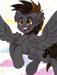 Size: 1200x1600 | Tagged: safe, artist:falafeljake, oc, oc only, species:pegasus, species:pony, chest fluff, commission, ear fluff, eyebrows, happy, looking at you, male, open mouth, open smile, pegasus oc, signature, smiling, smiling at you, solo, spread wings, stallion, wings