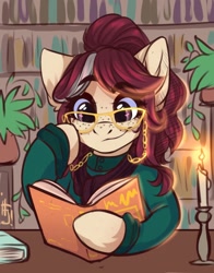 Size: 1100x1402 | Tagged: safe, artist:falafeljake, oc, oc only, species:pony, book, bookshelf, candle, clothing, commission, eye clipping through hair, eyebrows, eyebrows visible through hair, female, freckles, glasses, mare, reading, signature, smiling, solo