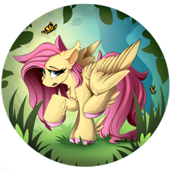 Size: 1500x1500 | Tagged: safe, artist:starcasteclipse, character:fluttershy, species:pegasus, species:pony, g4, butterfly, chest fluff, colored hooves, cute, ears back, feathered fetlocks, female, grass, hooves, lidded eyes, looking at you, mare, open mouth, raised hoof, raised leg, shy, shyabetes, solo, three quarter view, transparent background, unshorn fetlocks
