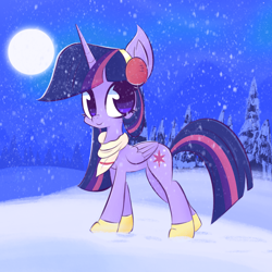 Size: 2048x2048 | Tagged: safe, artist:thebigstuff89, character:twilight sparkle, character:twilight sparkle (alicorn), species:alicorn, species:pony, g4, clothing, cute, earmuffs, female, folded wings, high res, horn, looking at you, mare, smiling, smiling at you, snow, snowfall, solo, twiabetes, wings, winter