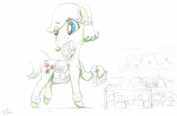 Size: 5017x3298 | Tagged: safe, artist:teakay-c-ii-r, species:earth pony, species:pony, g5, blue eyes, clothing, cutie mark, eyes clipping through mane, gradient hair, green coat, headband, holding, leg warmers, legwarmers, limited color, limited palette, looking back, monochrome background, multicolored hair, raised hoof, saddle bag, sale, sign, signature, sketch, socks, solo