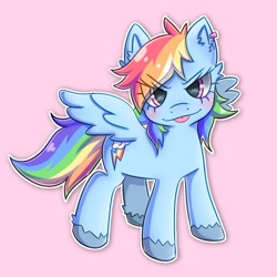 Size: 1280x1280 | Tagged: safe, artist:adylenchan, character:rainbow dash, species:pegasus, species:pony, g4, eye clipping through hair, female, looking at you, mare, outline, pink background, simple background, solo, spread wings, tongue out, white outline, wings