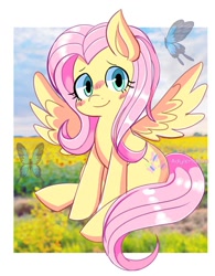 Size: 865x1108 | Tagged: safe, artist:adylenchan, character:fluttershy, species:pegasus, species:pony, g4, blushing, butterfly, female, looking at you, mare, outdoors, passepartout, sitting, smiling, smiling at you, solo, spread wings, wings