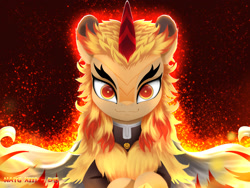 Size: 2400x1800 | Tagged: safe, artist:darksly, species:pony, newbie artist training grounds, anime, atg 2023, clothing, demon slayer, fire, looking at you, ponified, smiling, smiling at you, solo, species swap