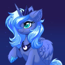 Size: 3280x3235 | Tagged: safe, artist:confetticakez, character:princess luna, species:alicorn, species:pony, g4, blue background, chest fluff, cute, ear fluff, female, hair over one eye, high res, horn, lunabetes, mare, raised hoof, s1 luna, simple background, smiling, solo, sparkles, wings
