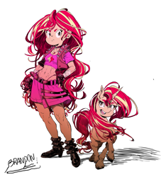 Size: 3425x3775 | Tagged: safe, artist:brandonlee, artist:gordo_leeno, character:sunset shimmer, species:human, species:pony, species:unicorn, equestria girls:rainbow rocks, g4, my little pony: equestria girls, my little pony:equestria girls, belly button, canon, duo, duo female, female, females only, human and pony, humanized, looking at you, species swap, standing, standing up, sunset, sunset shimmer hates you